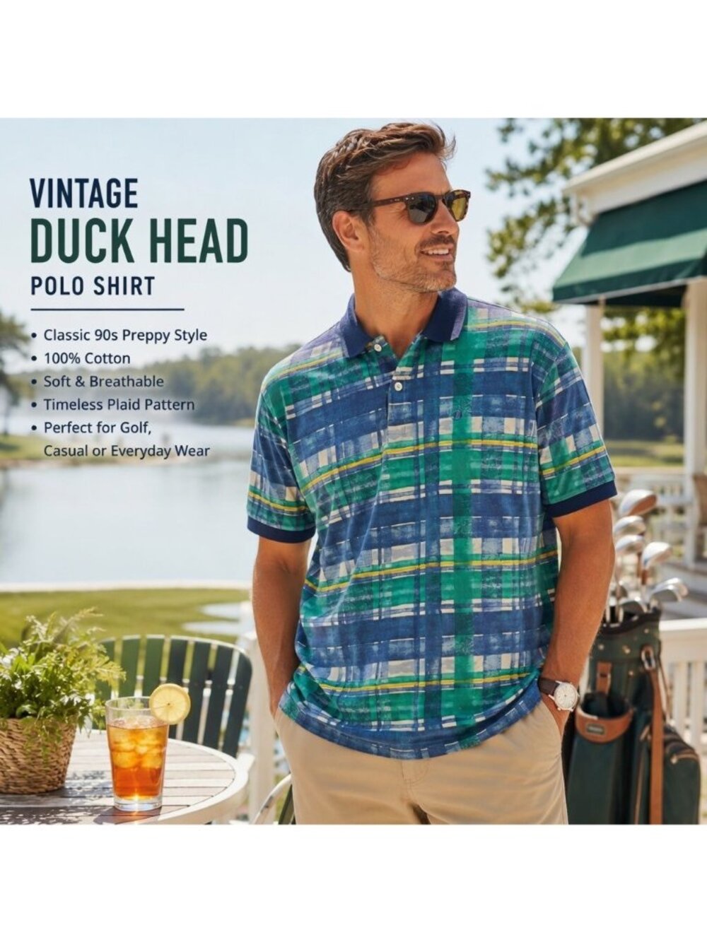 Vintage Duck Head Polo Shirt Mens XL Multicolor Plaid Short Sleeve Knit Casual